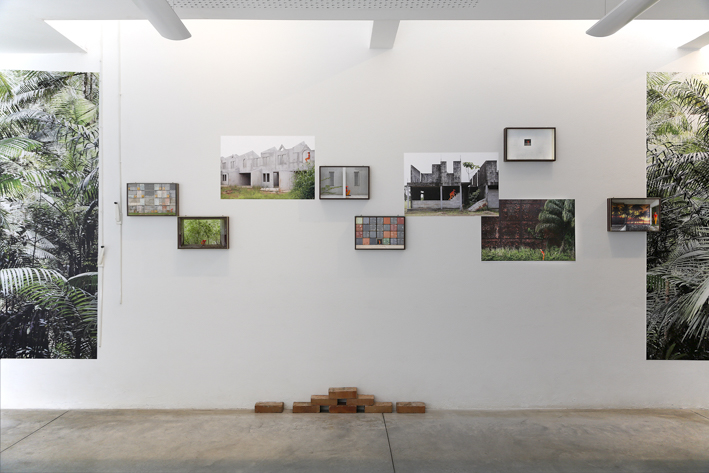 Exhibition view - Ibiscube - House of architecture french Guiana - Biennial Les Rencontres photographiques - Pigment prints on enthomologic box and vinyl, red bricks  